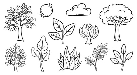 Nature doodles: trees, leaves, cloud, sun, sketch, outline, drawing, art, line, vector, illustration, botanical, forest, foliage, pattern, decorative, design