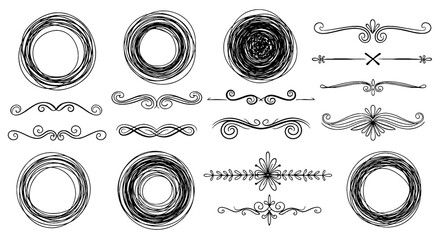 Doodle borders lines dividers flourishes scribble vector graphic design illustration art set decorative elegant hand drawn
