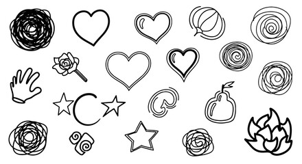 Doodle sketch scribble hand drawn set vector graphic design heart star rose swirl plant pear hand outline art elements