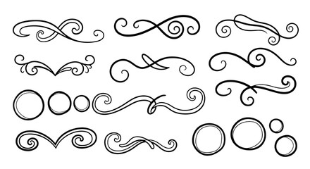 Flourish scroll filigree swirl ornament vector graphic design illustration art divider flourish line frame border set elegant handmade doodle