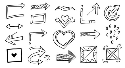 Arrow doodle sketch design handmade pencil pen marker drawing graphic pointing shape vector set