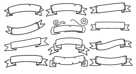Doodle banners set, hand drawn ribbon, sketchy line art banner vectors, graphics, illustration, design elements.