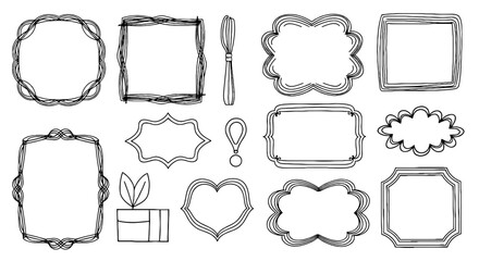 Frames borders line art decorative elements graphic design illustration frames outline shapes rectangle heart swirl cloud gift whisk exclamation set