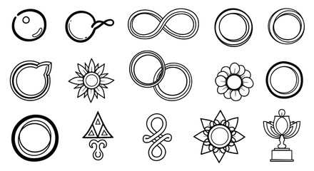 Line art symbols set, circles, infinity, flower, shapes, vector graphic design, illustration art, religious, abstract, decorative elements