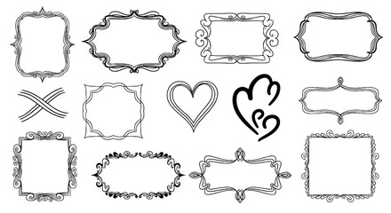 Frame doodle set, decorative borders, hand-drawn vintage sketch art, vector design illustration, outline, ornamental flourishes, elegant frames