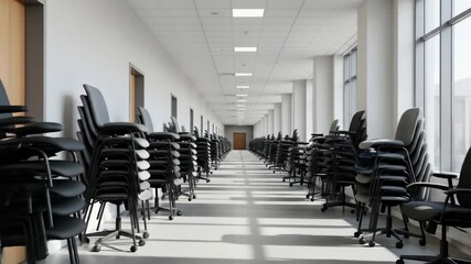 Stacks of office chairs line a long corridor, empty furniture and seating, ready for workspace relocation or office closure in an empty office building with white walls.