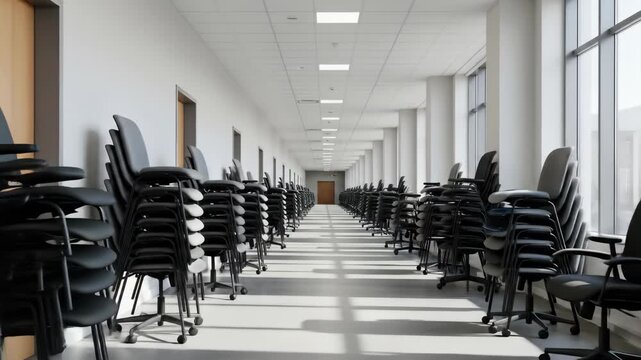 Stacks of office chairs line a long corridor, empty furniture and seating, ready for workspace relocation or office closure in an empty office building with white walls.
