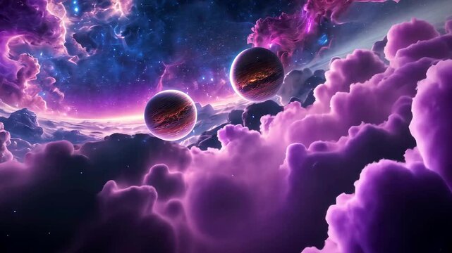 Vibrant cosmic fantasy scene with glowing planets surrounded by purple nebula clouds in surreal outer space view