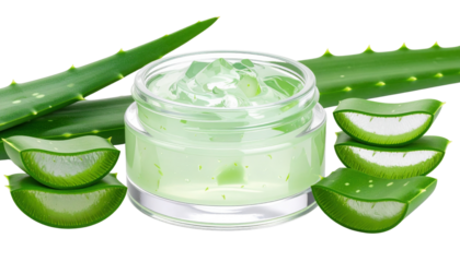 A jar of aloe vera gel with fresh aloe leaves and sliced leaf sections arranged around it.