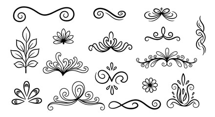 Floral flourish ornaments line art decorative vector graphic design illustration swirls scroll botanical vintage elegant set
