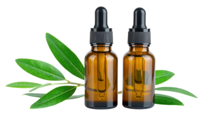 Two amber glass dropper bottles with pipettes paired with green leaves, representing essential oils, serums, tinctures, and botanical extracts.