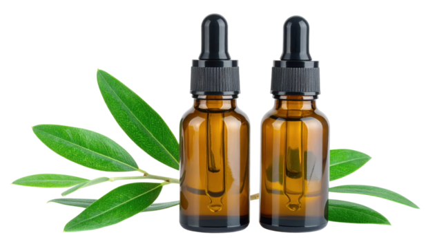 Two amber glass dropper bottles with pipettes paired with green leaves, representing essential oils, serums, tinctures, and botanical extracts.