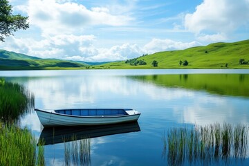 Rowboat on still blue lake