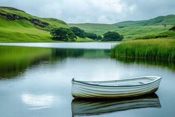 Obraz premium Wooden boat floating on peaceful lake
