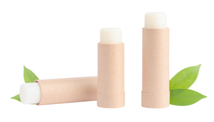 Three cardboard lip balm sticks with white balm tips and green leaves, suggesting eco-friendly natural lip care.