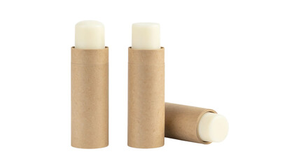 Fototapeta premium Three eco-friendly cardboard lip balm tubes containing white balm sticks, two standing upright and one resting on its side.