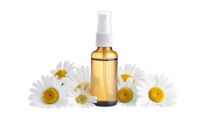 Amber glass spray bottle with white pump and visible dip tube surrounded by chamomile flowers.