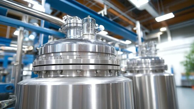 A biopharmaceutical production facility features large, stainless steel bioreactor systems. These are used for manufacturing complex, protein-based medications through a carefully