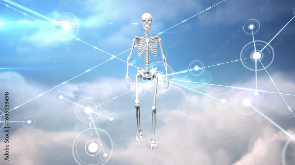 Poster animation of network of connections and data processing over human skeleton model