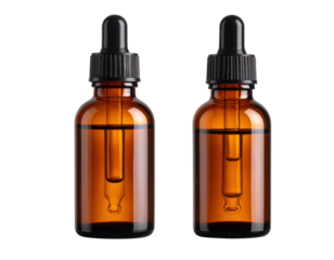 Two amber glass dropper bottles with black screw caps and visible pipettes for serums, oils, or tinctures.