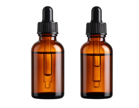 Two amber glass dropper bottles with black screw caps and visible pipettes for serums, oils, or tinctures.