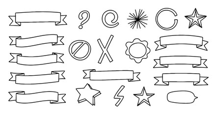 Doodle ribbons asterisk star speech bubble question hand drawn vector design illustration graphic art set