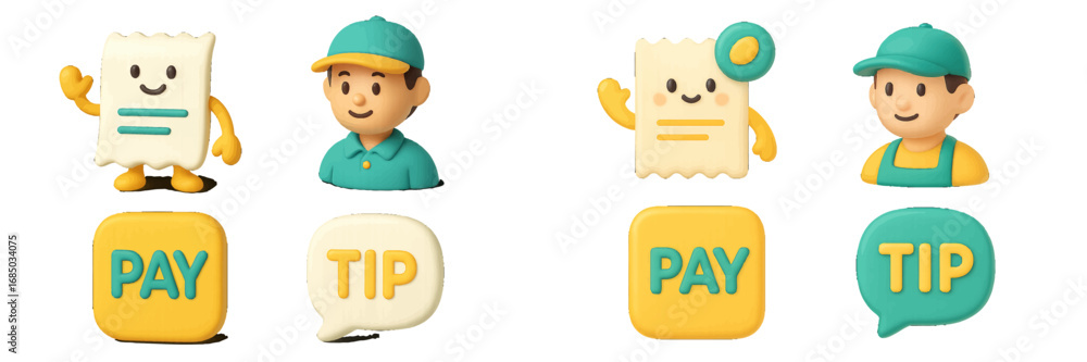 Poster set of cheerful cartoon characters and animated receipt figures for digital payment and tipping serv