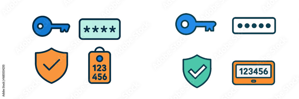 Poster digital security and authentication icons with keys, password fields, shields, and two-factor verifi