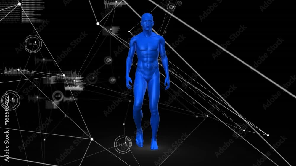 Poster animation of network of connections and data processing over human body model