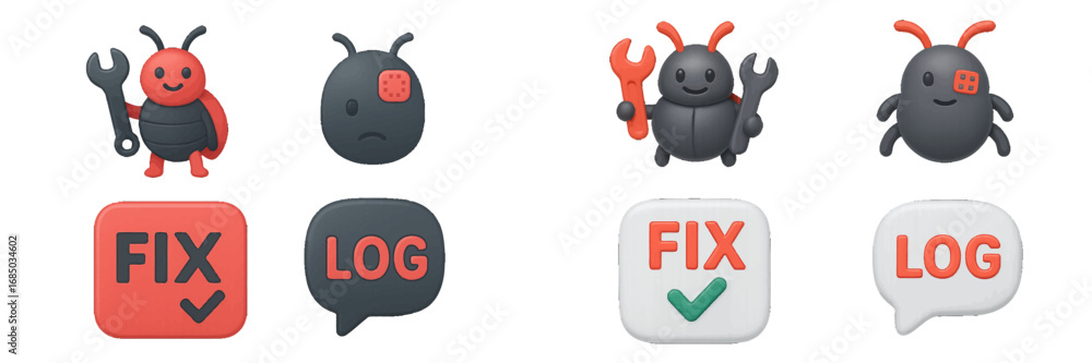 Aufkleber cartoon bug characters with tools and icons representing software development and system maintenance