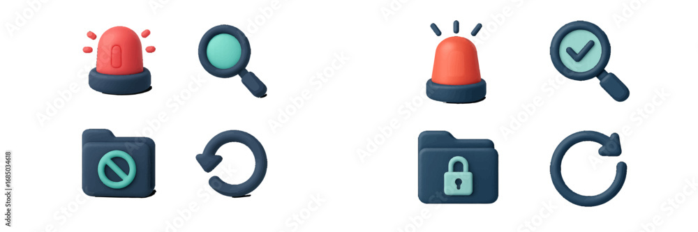 Poster modern 3d style icons for digital security, data protection, information search, and system refresh 