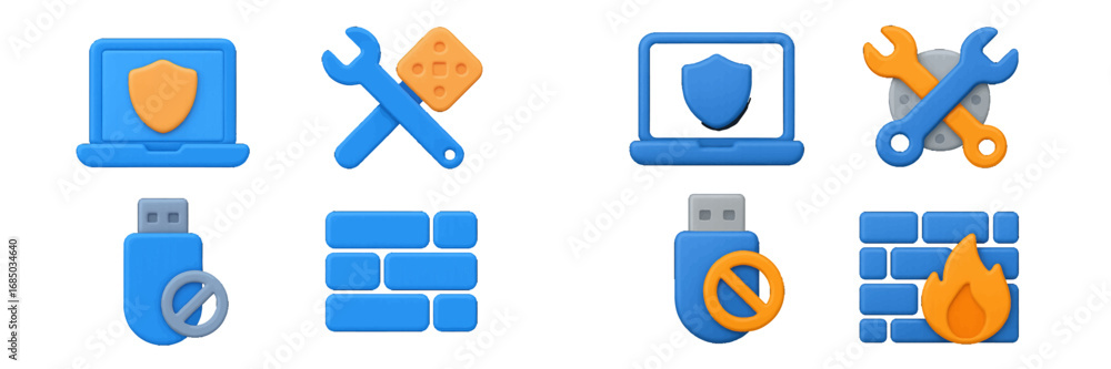 Poster digital security and computer maintenance icons featuring firewall, data protection, and system repa