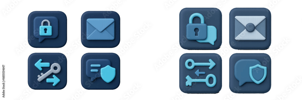 Poster modern 3d style icons representing digital communication, data security, messaging, and information 