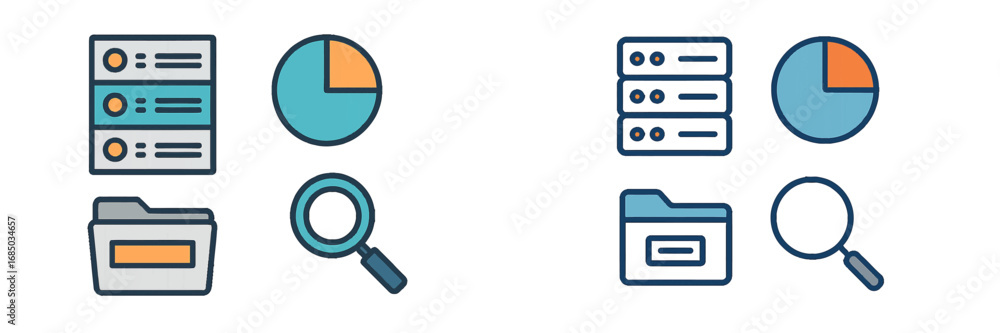 Aufkleber modern flat design icons for data management, analysis, and search functions including server, folde