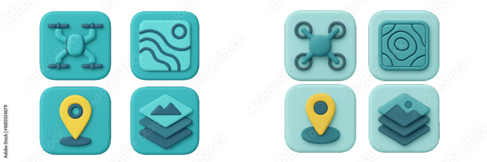 Poster modern stylized 3d icons representing drone technology, aerial mapping, and digital content manageme