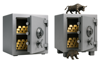 Safes with gold bars on a transparent background. Bull and bear as stock market symbols. Investments. Finance. Wealth. safe with gold bars