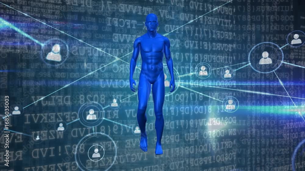 Poster animation of network of connections and data processing over human body model