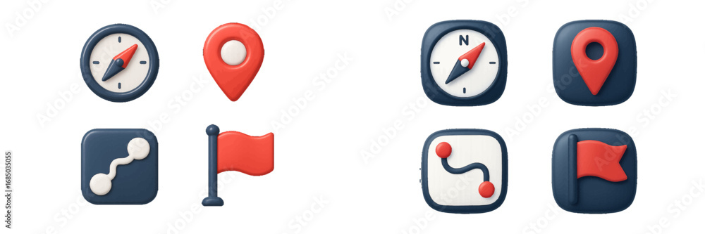 Poster modern 3d navigation and location icons, including compasses, map pins, and route paths, for maps, t