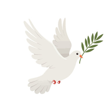 Stylized white dove illustration gracefully soaring with an olive branch in its beak, symbolizing peace, hope, and freedom in a clean flat art style