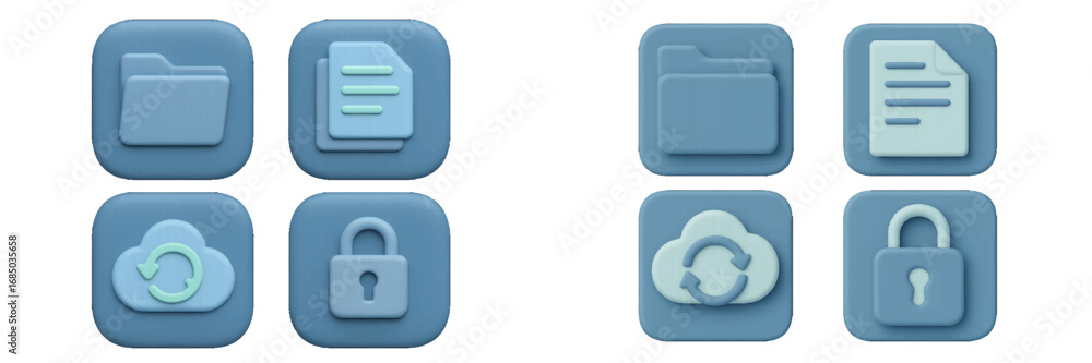 Poster soft rounded blue icons representing digital management, cloud storage, data synchronization, and cy