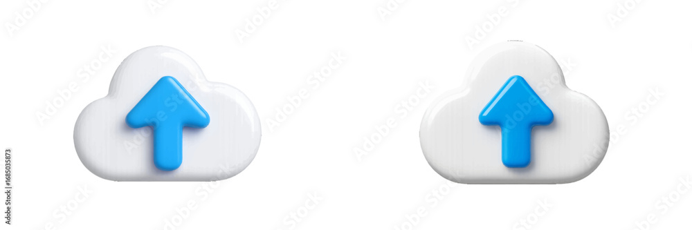Poster clean white cloud storage icon with a prominent blue arrow symbolizing data upload to a digital netw