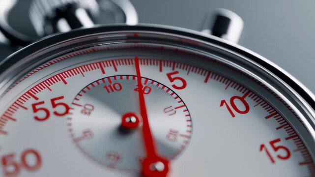 Unique close up of stopwatch with red metal hands and numbers showing precision time measurement capturing record timing and world of speed timer