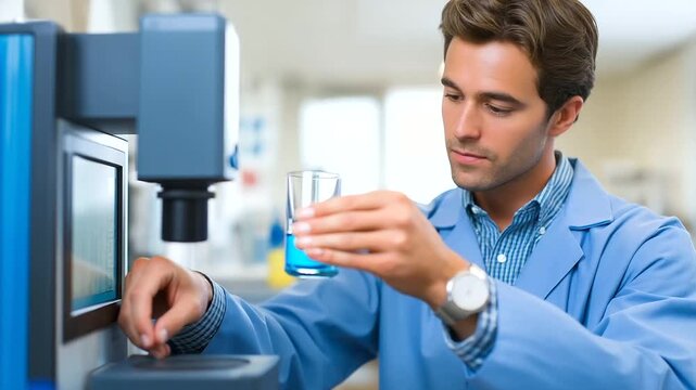 A glass testing laboratory evaluates the mechanical strength, thermal properties, and optical characteristics of a glass sample. An engineer is shown conducting a test, with the re