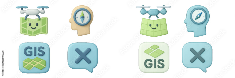 Poster modern 3d style icon set for geographic information systems, drone mapping, and navigation technolog