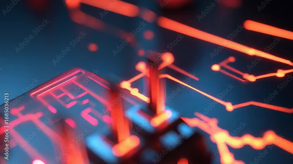 Poster futuristic router sending data through illuminated circuits in digital world