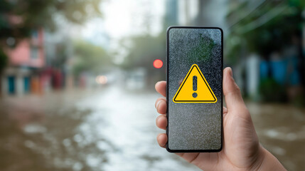 Flood alert notification on smartphone during heavy rain natural disaster