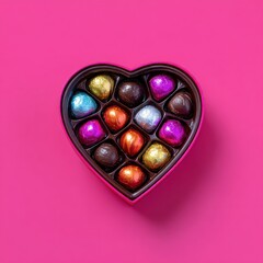 A heart-shaped box reveals an assortment of chocolates wrapped in shiny foil, resting on a vibrant pink surface. Perfect for gifts or celebrations.