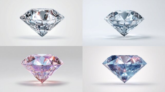 Four round brilliant cut diamonds, two clear/white and two colored, displayed on a light gray background. The colored diamonds exhibit iridescent hues of pink and purple/blue - Powered by Adobe
