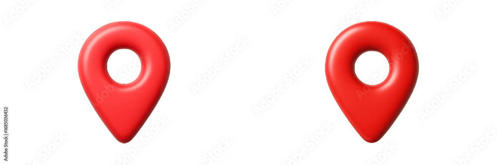Poster bright red glossy map pin icons representing location, destination, and navigation on digital interf