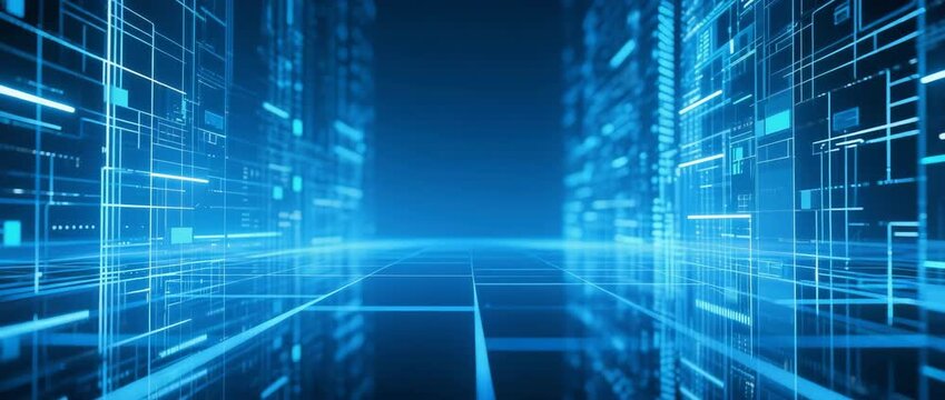 Futuristic blue binary code flows across a digital backdrop, creating a tech-inspired pattern of flowing data
